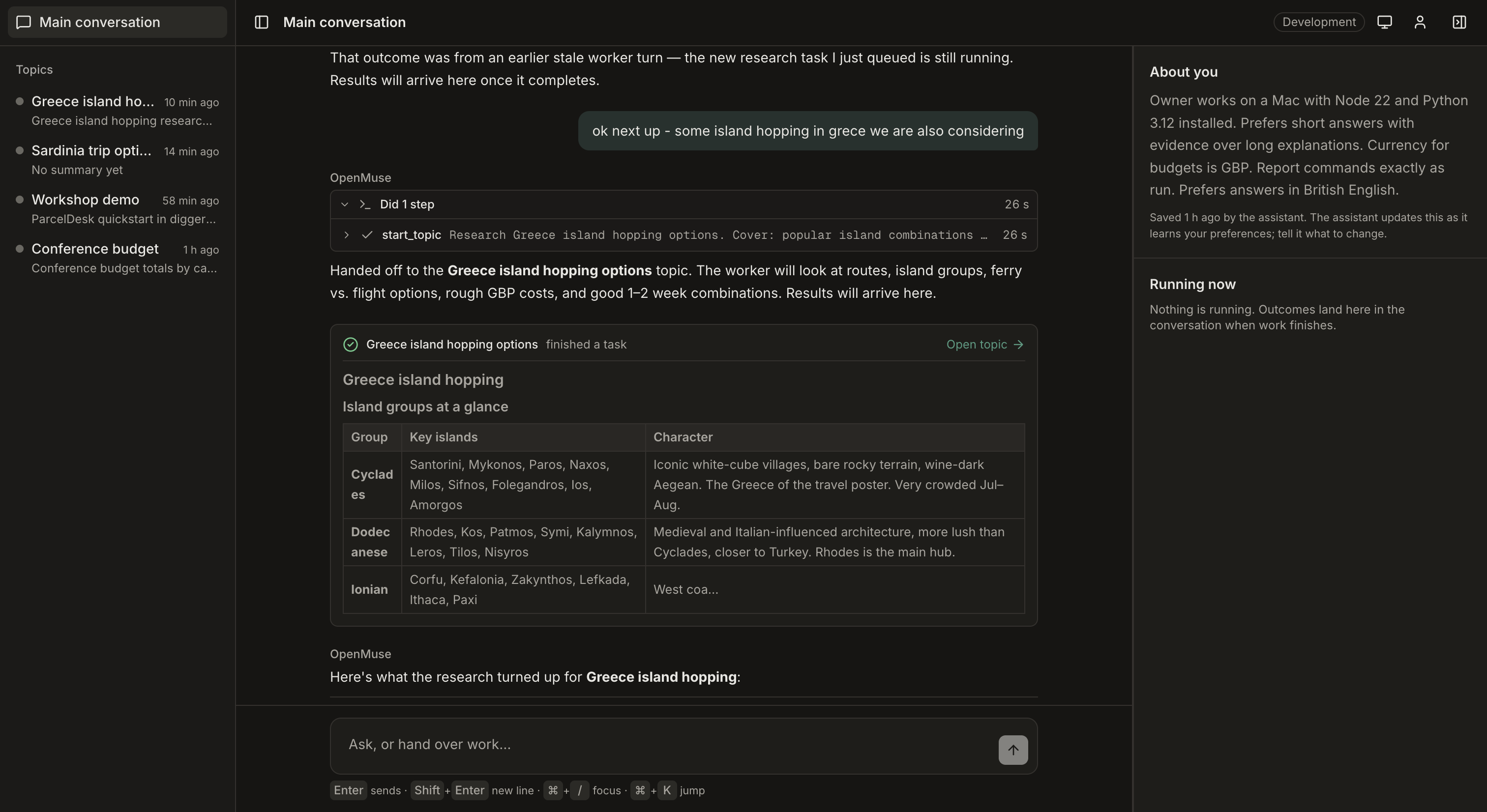 OpenMuse showing a Greece research topic returning its results to the main conversation, beside saved owner preferences.